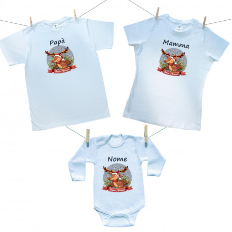 Set famiglia (body a maniche lunghe) Buon Natale con la renna con il nome del bambino