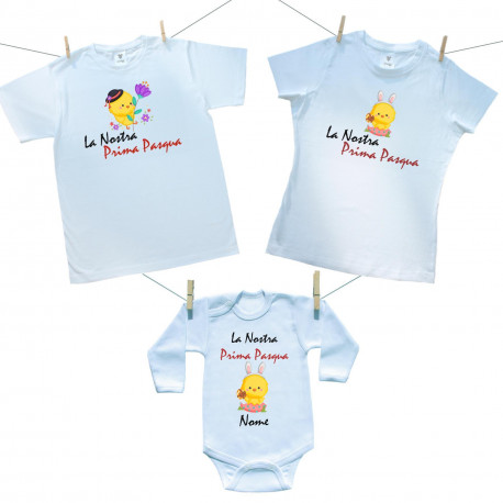 Set famiglia (body a maniche lunghe) La Nostra Prima Pasqua con nome - Bimba