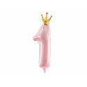 Palloncino Foil Numero 1, 37x100cm, rosa chiaro con corona