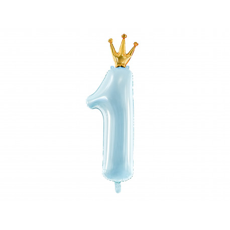 Palloncino Foil Numero 1, 37x100cm, Celeste con Corona