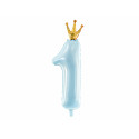 Palloncino Foil Numero 1, 37x100cm, Celeste con Corona