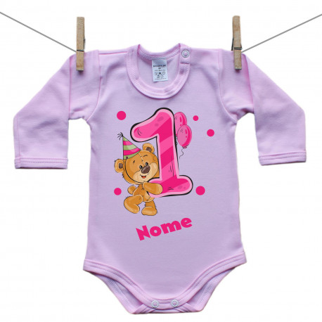 Body rosa a maniche lunghe Ho 1 anno con orsacchiotto per bimba