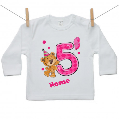 Maglietta a maniche lunghe Ho 5 anni con orsacchiotto per bimba Maglietta a maniche lunghe Ho 5 anni con orsacchiotto per bimba